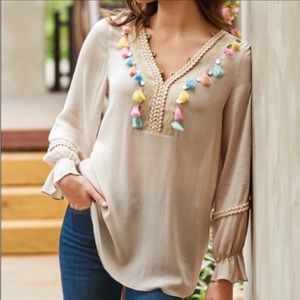 Soft Surroundings Clementine Tunic Top Women Tassels Bohemian Artsy Lagenlook